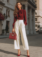 Maeyira Burgundy Tie-Neck Blouse & White Wide-Leg Pants - 2pc Set