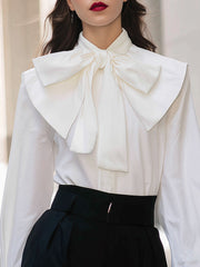 Maeyira Chic Vintage White Shirt - Large Bow Tie & Stand-up Collar