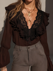 Maeyira Brown V-Neck Blouse - Elegant Black Lace & Ruffles