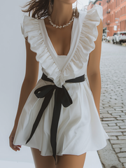 Maeyira White Mini Dress with Ruffle Trim - V-Neck Black Tie Waist