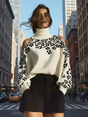 Maeyira Ivory Cold Shoulder Turtleneck - Bold Black Floral Print