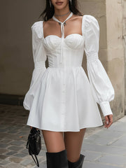 Maeyira White Mini Dress with Puff Sleeves - Sweetheart Neckline