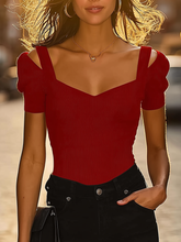 Maeyira Red Sweetheart Neck Top - Cold Shoulder Ribbed Fit