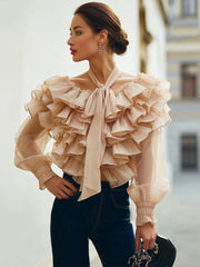 Maeyira Beige Ruffle Chiffon Blouse - Chic V-Neck Design