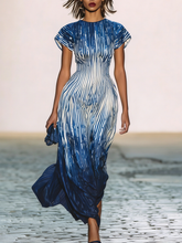 Maeyira Blue Ombre Stripe Maxi Dress Short Sleeve Flowy