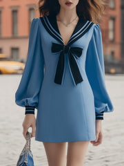 Maeyira Blue Sailor Collar Mini Dress with Navy Bow and Puff Sleeves