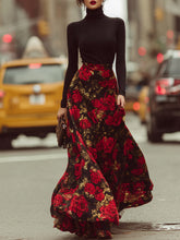 Maeyira Black Turtleneck Red Floral Print Maxi Skirt Two Piece