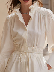 Maeyira Chic White Linen Blend Ruffle Shirt & Shorts Set