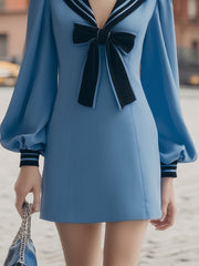 Maeyira Blue Sailor Collar Mini Dress with Navy Bow and Puff Sleeves