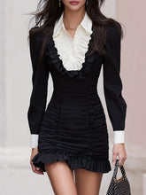 Maeyira Chic Black & White Color-Block Mini Dress with Ruffled Trim