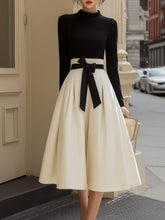 Maeyira Black Long Sleeve Top Waisted Midi Skirt with Contrast Bow Tie