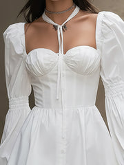 Maeyira White Mini Dress with Puff Sleeves - Sweetheart Neckline
