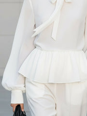 Maeyira Chic White Chiffon Blouse with Stand Collar & Ruffle Details