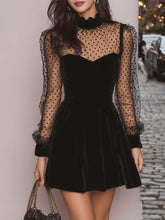 Maeyira Black Velvet Mini Dress with Mesh Polka Dot Sleeves