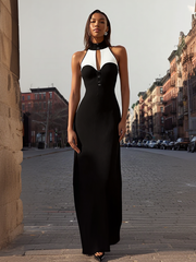 Maeyira Black White Color Block Maxi Dress Halter Neck