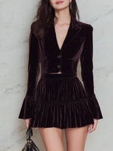Maeyira Burgundy Velvet Crop Blazer Tiered Pleated Mini Skirt Set