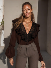 Maeyira Brown V-Neck Blouse - Elegant Black Lace & Ruffles