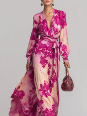 Maeyira Pink Floral Maxi Dress Deep V-Neck Wrap Tie Waist