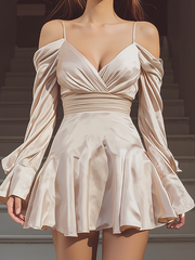 Maeyira Champagne Cold Shoulder Satin Dress - Bell Sleeve V-Neck