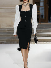 Maeyira Black White Contrast Set - Women's Puff Sleeve Top Midi Skirt