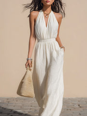 Maeyira Halter V-Neck Fitted Vest & Wide-Leg Pants - 2-Piece Set