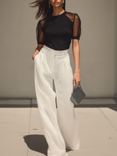 Maeyira Chic Contrast Sheer Sleeve Top & High-Waist Pants Set