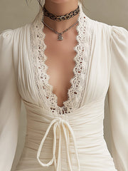 Maeyira Elegant Deep V-Neck Dress - Cream with Crochet Lace Detail