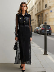 Maeyira Black Sheer Maxi Dress with Gold Buttons - Long Sleeve Collar