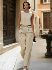 Maeyira Cream Wide Leg Pants Set with Functional Side Pockets