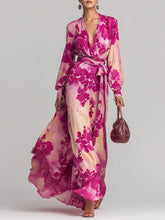 Maeyira Pink Floral Maxi Dress Deep V-Neck Wrap Tie Waist