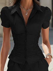 Maeyira Black Satin Ruched Blouse & Shorts Set - Elegant 2-Piece