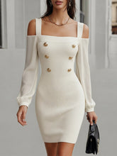 Maeyira Cream Knit Dress with Gold Buttons - Cold Shoulder Long Sleeve