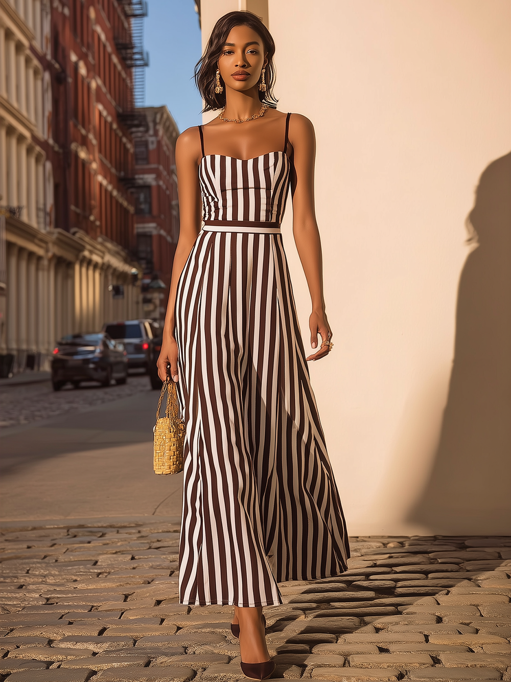 Maeyira Brown White Striped Maxi Dress Spaghetti Strap