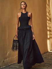 Maeyira Black Ruffle Maxi Dress Smocked Waist Sleeveless