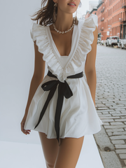 Maeyira White Mini Dress with Ruffle Trim - V-Neck Black Tie Waist