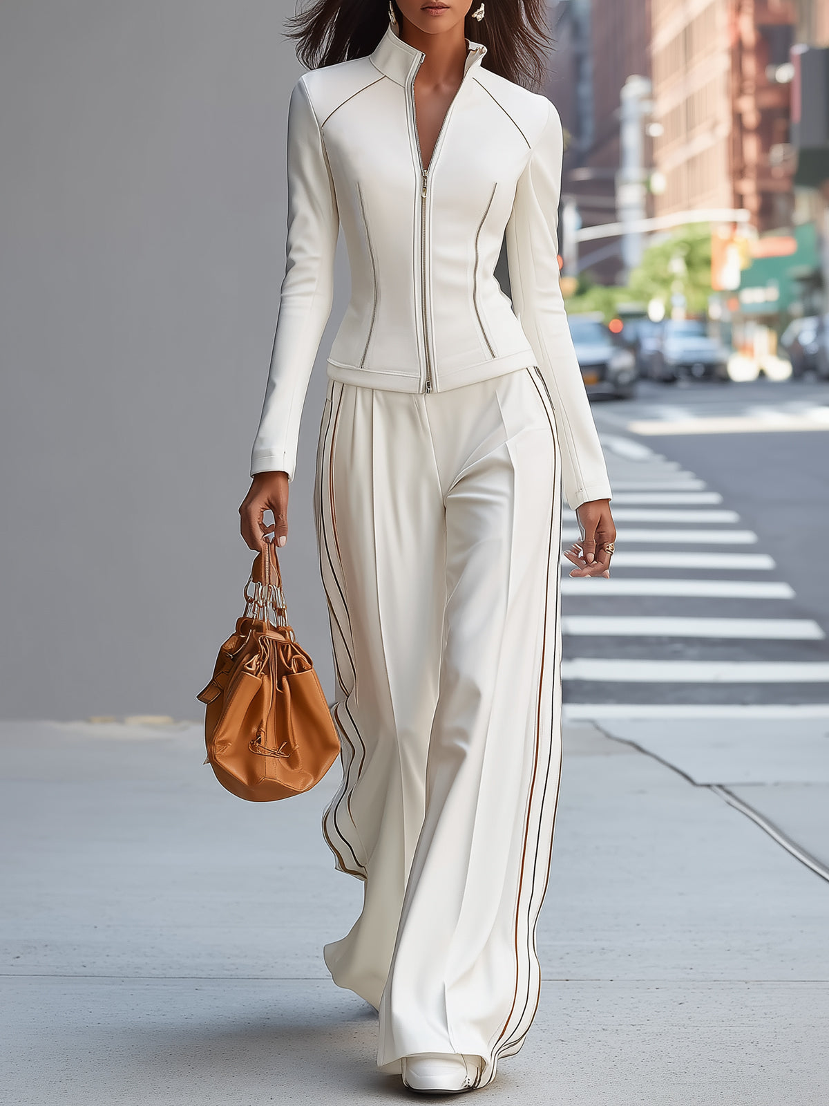 Maeyira White Two Piece Suit - Zipper Jacket and Wide Leg Pants