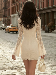 Maeyira Cream Lace Mini Bodycon Dress with Bell Long Sleeves