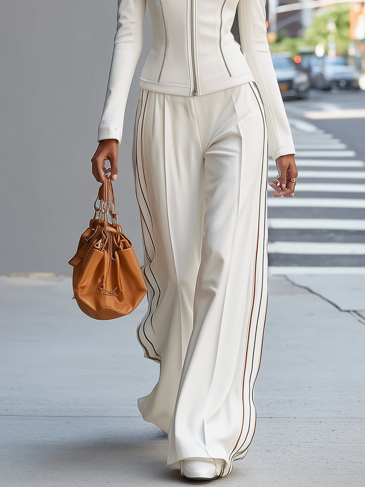 Maeyira White Two Piece Suit - Zipper Jacket and Wide Leg Pants