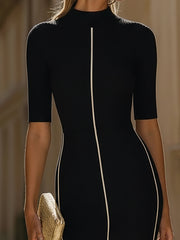 Maeyira Chic Slim Fit Contrast Knit Midi Dress - Elegant Black