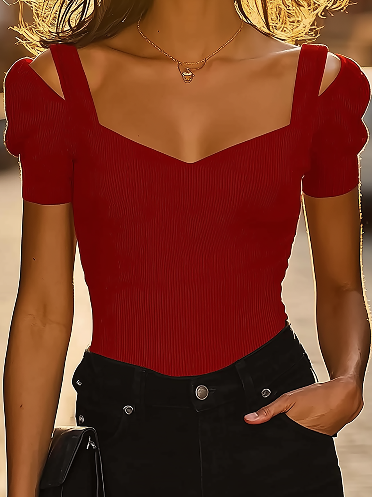 Maeyira Red Sweetheart Neck Top - Cold Shoulder Ribbed Fit