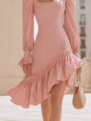 Maeyira Pink Square Neck Puff Sleeve Dress with Irregular Ruffle Hem