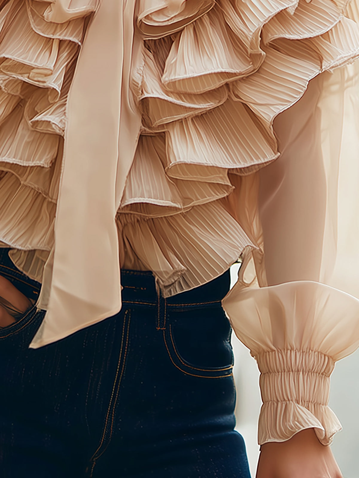 Maeyira Beige Ruffle Chiffon Blouse - Chic V-Neck Design