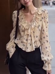 Maeyira V-Neck Floral Chiffon Blouse with Elegant Ruffle Details