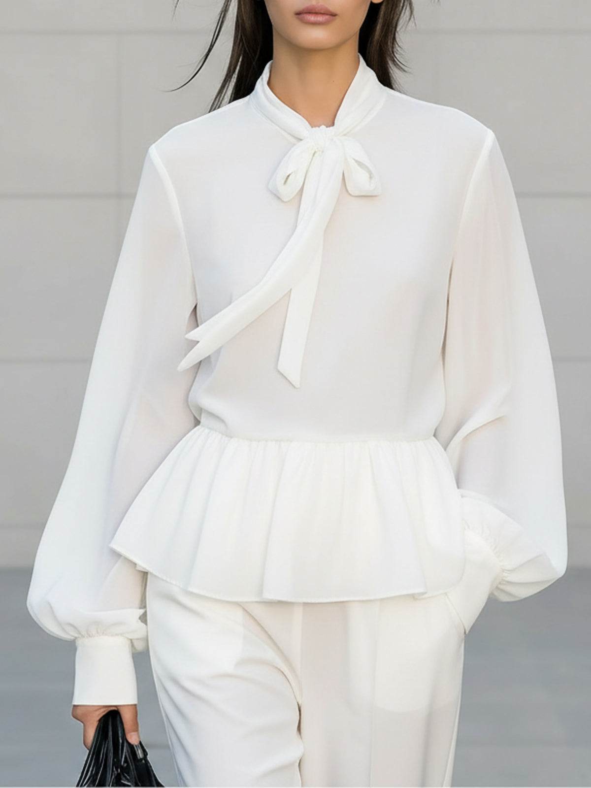 Maeyira Chic White Chiffon Blouse with Stand Collar & Ruffle Details