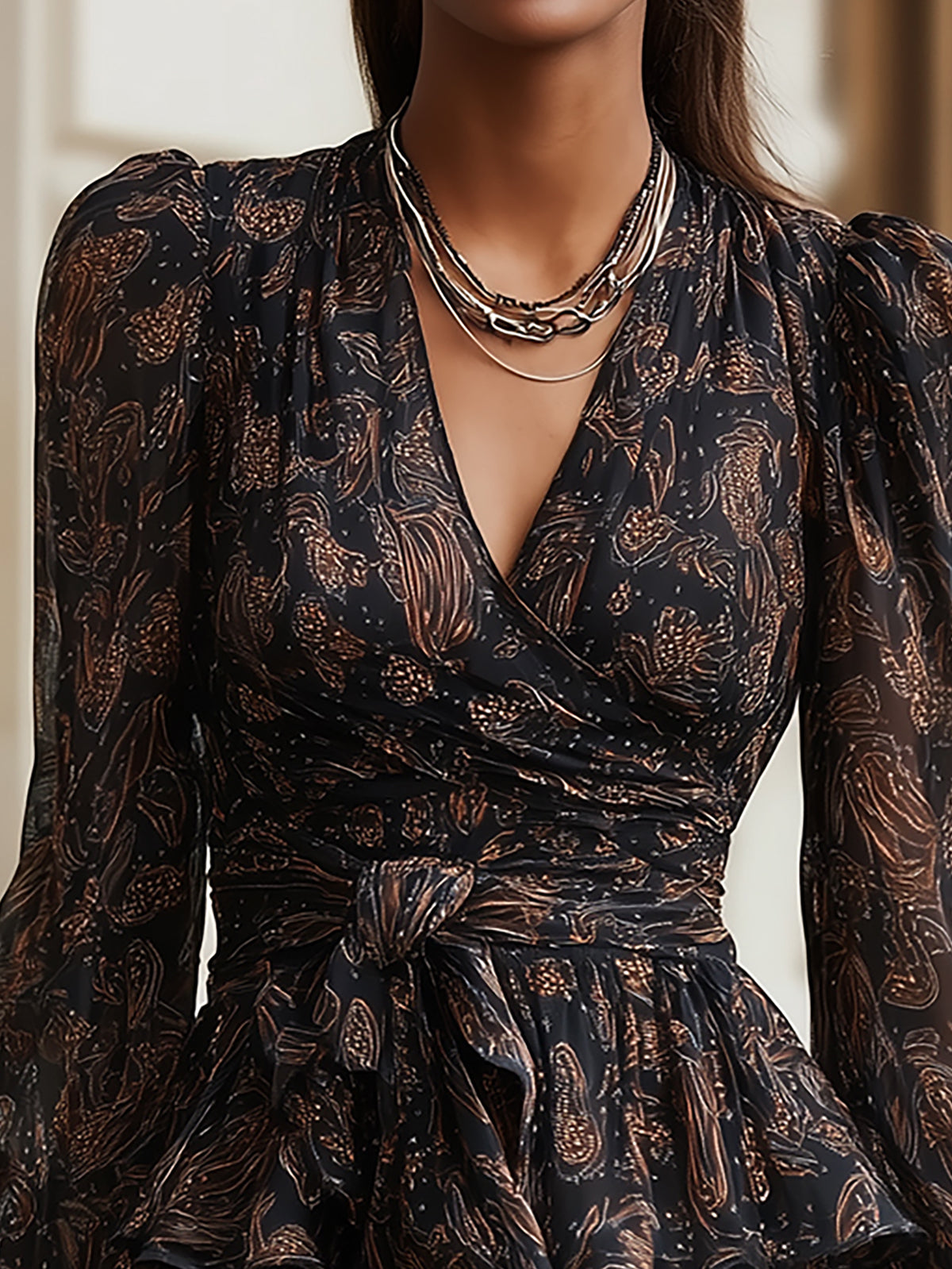 Maeyira Elegant V-Neck Ruffle Dress - Dark Floral Print