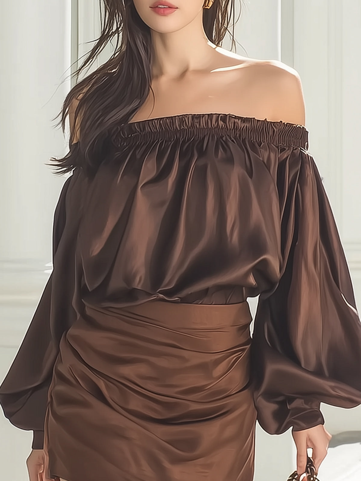 Maeyira Brown Satin Two Piece - Off Shoulder Top Mini Skirt