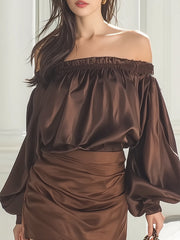 Maeyira Brown Satin Two Piece - Off Shoulder Top Mini Skirt