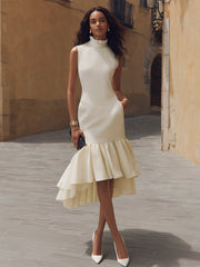 Maeyira Cream High-Neck Midi Dress with Ruffled Mermaid Hem
