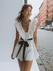 Maeyira White Mini Dress with Ruffle Trim - V-Neck Black Tie Waist