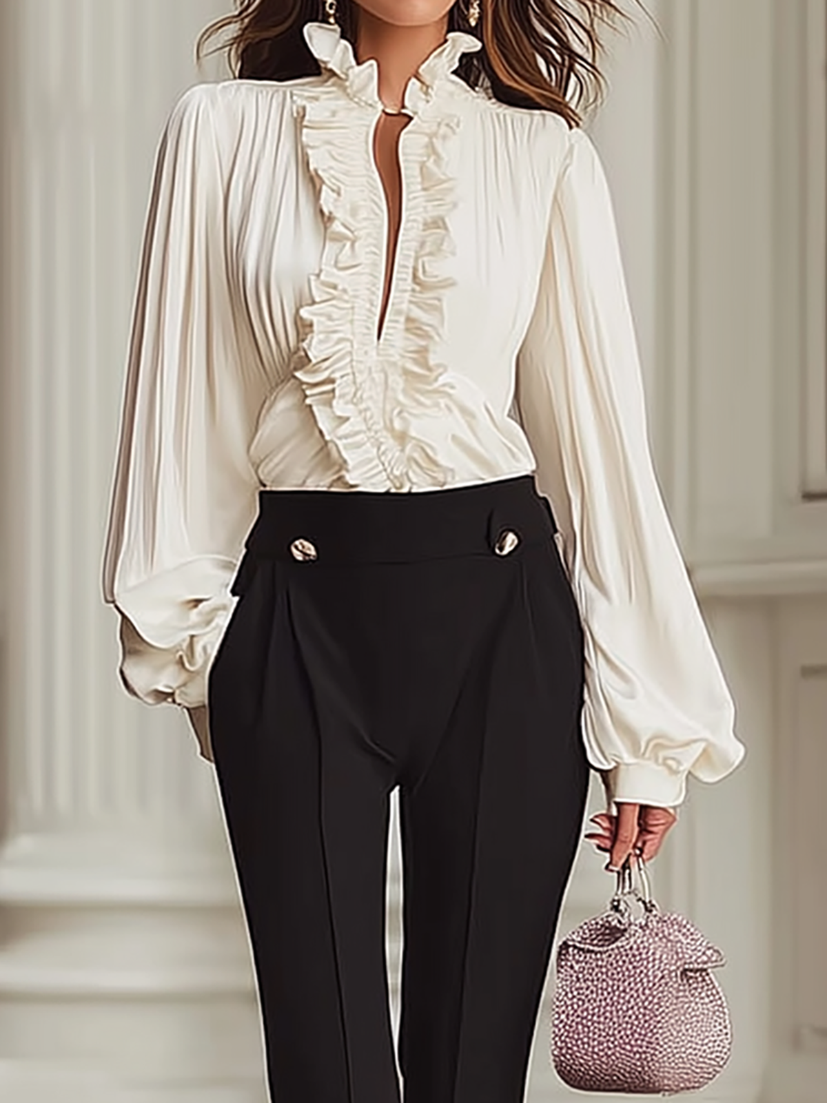 Maeyira Chic Puff Sleeve Ruffle Blouse & Split Hem Pants Set